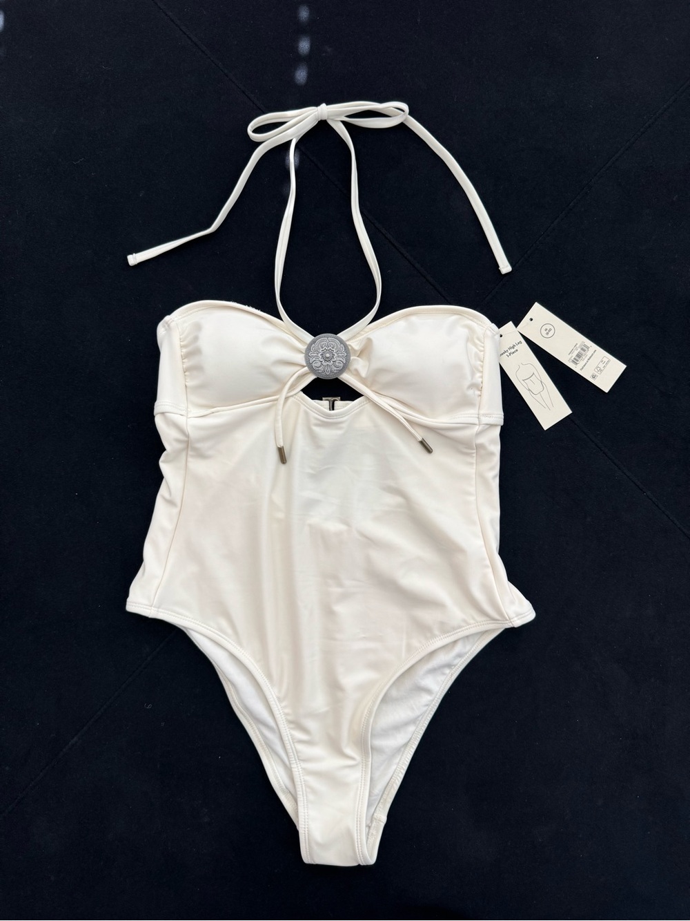 No Boundaries Cream Halter One-Piece Swimsuit with Decorative Medallion